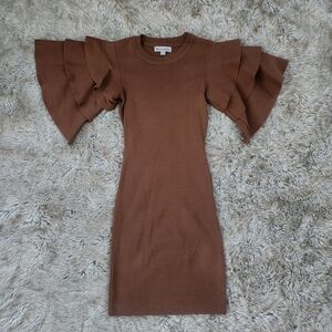 Settledown Tiered Bell Sleeve Sweater‎ Mini Dress Brown Size Medium